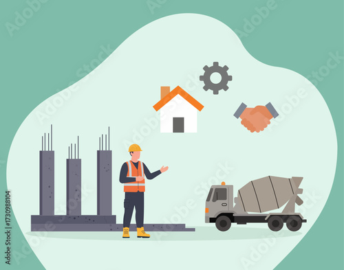 A flat vector illustration showing the home construction process, from planning and agreement to building the foundation with a contractor and cement mixer