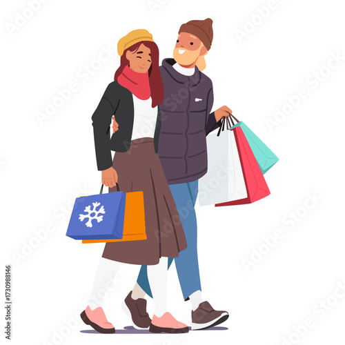 Happy loving couple cartoon character walking with packages enjoying Christmas shopping sales