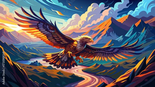 Reveal the power of a soaring hawk circling high above valleys, impressionist hues merging with realism, feathers glowing in color, light, motion, freedom, strength, grace, vision, and artistry.