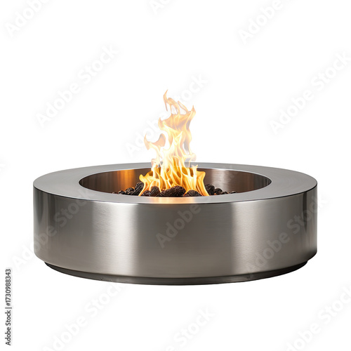 Modern circular fire pit, stainless steel with flames and embers glowing brightly
