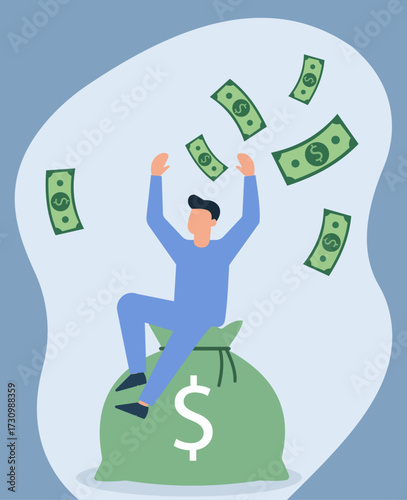 A happy man sits on a large money bag, celebrating wealth and financial success as dollar bills rain down around him in this flat vector illustration