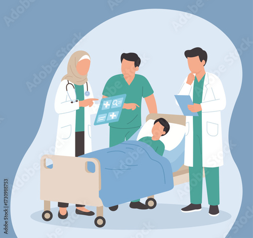 A medical team, including a doctor in a hijab, collaborates at a patient's bedside, reviewing digital test results and discussing a treatment plan