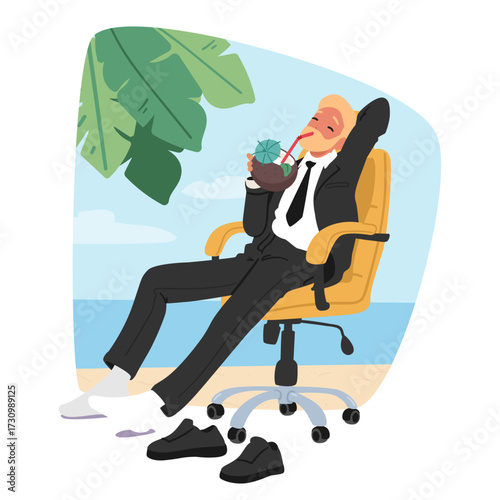 Satisfied relaxed businessman wearing formal wear imagining being at tropical island cartoon scene