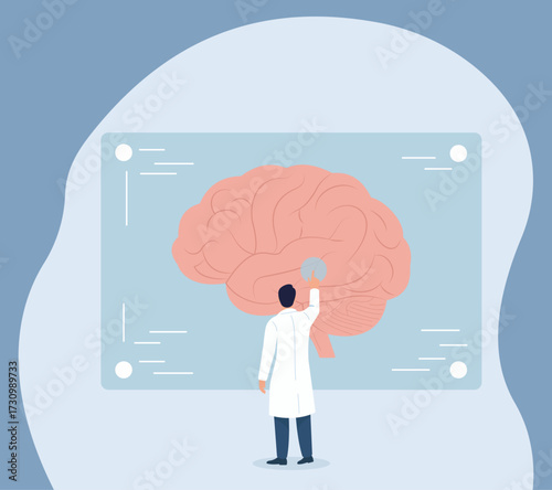 A doctor or scientist analyzes a large, detailed image of a human brain on a futuristic, holographic screen, representing neurological research