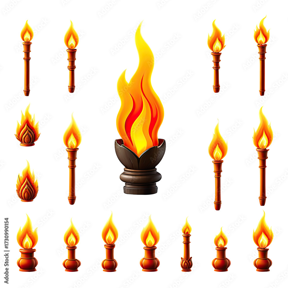 Fototapeta premium Set of burning torches and fire objects, glowing and bright