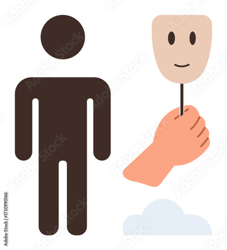 Minimalist person standing beside a hand holding a happy face mask, symbolizing identity, emotions, and deception. Ideal for psychology, human behavior, social dynamics, mental health, communication