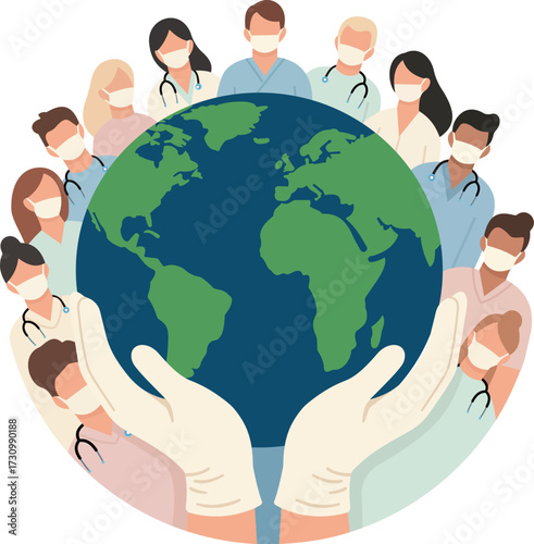 A diverse group of healthcare workers in masks surrounds the planet Earth, held protectively by gloved hands, symbolizing global health and unity