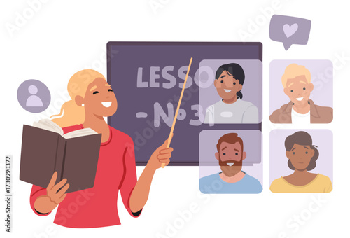 Woman teacher teaching students in virtual digital class at online high school cartoon scene