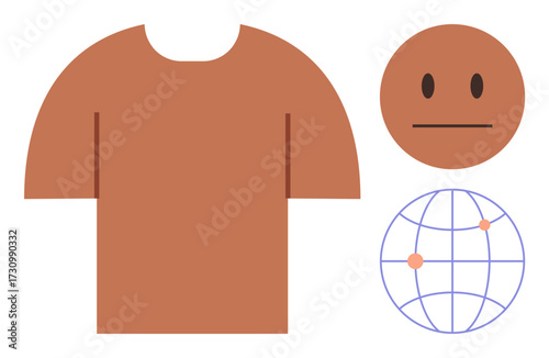 Brown t-shirt, neutral face, and globe icon with connection points. Ideal for fashion, sustainability, emotions, online connections, global trade, design minimalism simple flat metaphor