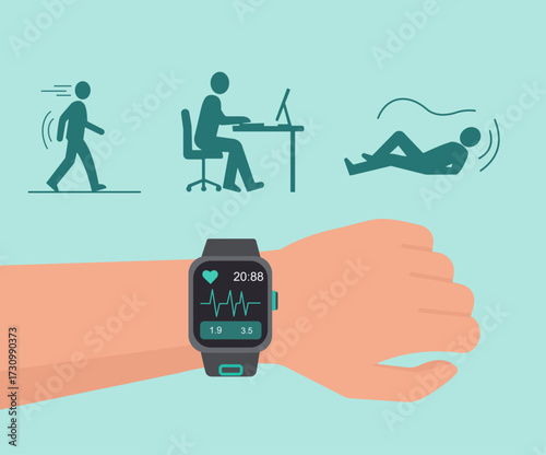 A smartwatch tracks daily activities like walking, working, and resting, monitoring heart rate and health metrics for a balanced lifestyle