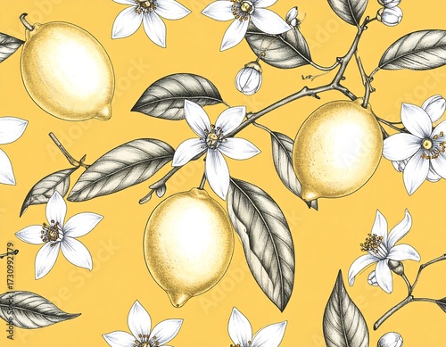 Lemon & flower pattern on mustard yellow