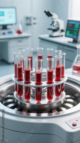 Medical test tubes filled with blood samples in a centrifuge. Laboratory analysis, diagnostic testing, healthcare research, bio technology, hematology, disease lab testing, medical science 3D concept