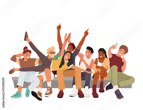Smiling international teenage friends having fun posing for photo, making selfie sitting on bench