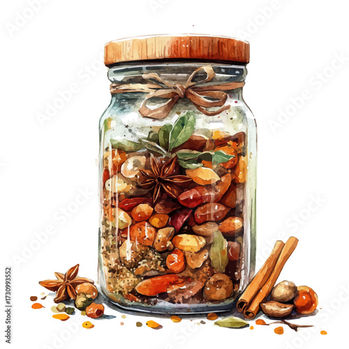 Spice Jar, watercolor painting vector, isolated on a white background.