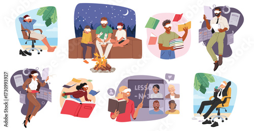 Diverse people characters using VR goggles while working and study isolated cartoon scene set