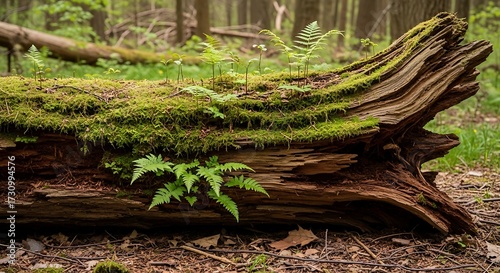 A fallen, decaying log on a forest floor, covered in vibrant green moss and sprouting ferns.