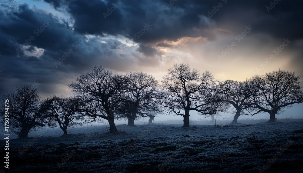 Fototapeta premium Ethereal Haunting Landscape With Silhouetted Trees Against A Dramatic Sky