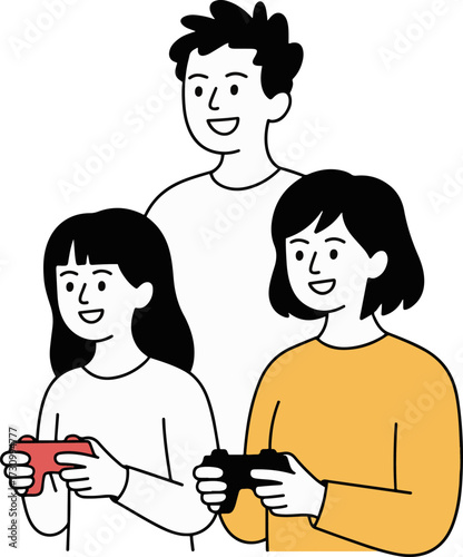 Vector art of a group of three friends are playing video games together, each holding a controller and looking at the screen, they are smiling and appear to be enjoying the game