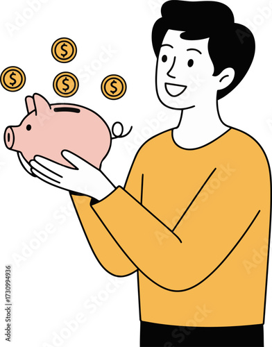 Vector art of a cheerful man is depicted holding a pink piggy bank with floating gold coins, the illustration conveys themes of saving, finance, and personal economics