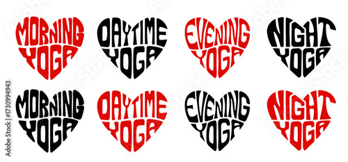 Heart-shaped sticker set in colorful and black design promoting yoga practices in different time of a day