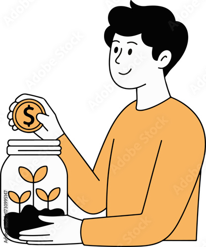 Vector art of a man is putting a coin with a dollar sign into a jar with plants growing inside he is wearing an orange sweater and has short black hair, symbolizing investment and growth