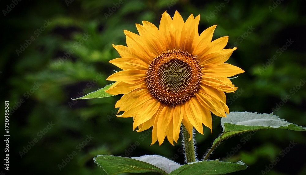 Fototapeta premium A Single Yellow Sunflower With Green Leaves In The Background