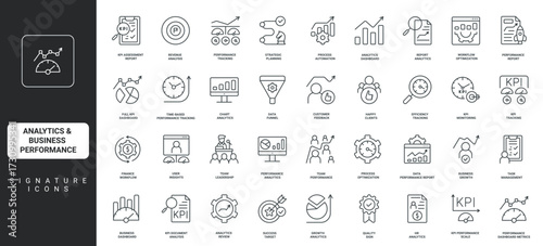 Modern line icons for analytics, growth metrics presentations, digital projects, business performance, KPI tracking, dashboards isolated on white background vector illustration