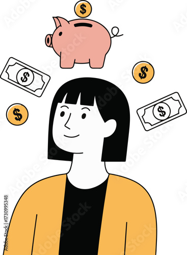 Vector art of a smiling woman with black hair stands beneath a pink piggy bank, dollar bills, and gold coins, she is surrounded by symbols of financial security and saving for the future