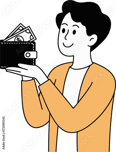 Vector art of a young man is holding a wallet full of money in his hand the man is wearing a yellow cardigan and a white shirt, and he is smiling the wallet is black and has a silver clasp the money i
