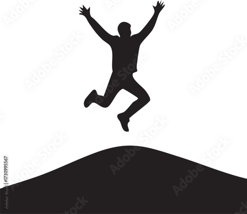 A person jumping mid-air on a hilltop.