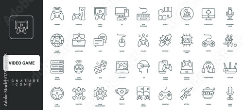 Game controller and mobile app, players gaming laptop, gamepad, graphics card thin black and red outline symbols vector illustration Video game genres, gamers equipment, entertainment line icon set.