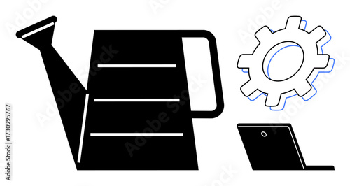 Watering can, gear, and laptop represent nurturing growth, system optimization, and technological productivity. Ideal for themes of innovation, teamwork, strategy, entrepreneurship sustainability