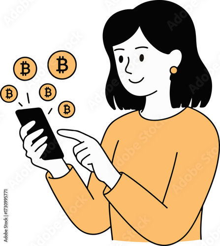 Vector art of a young woman is using her phone to buy bitcoin the woman is wearing a yellow sweater and has black hair she is smiling and looking at her phone there are bitcoins floating around her ph