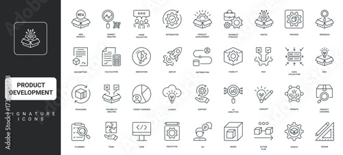 AI Analytics and test, feasibility analysis, action plan thin black and red outline symbols vector illustration Product development, digital idea launch, design process, prototype model line icon set.