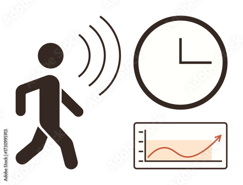 Person icon with motion waves, clock icon, and rising graph. Ideal for time management, tracking progress, productivity, analytics, fitness, data monitoring simple flat metaphor