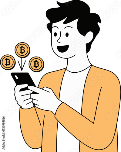 Vector art of a man is looking at his phone and bitcoins are flying into it he is wearing an orange shirt and has black hair he is smiling and looks happy to be earning bitcoin
