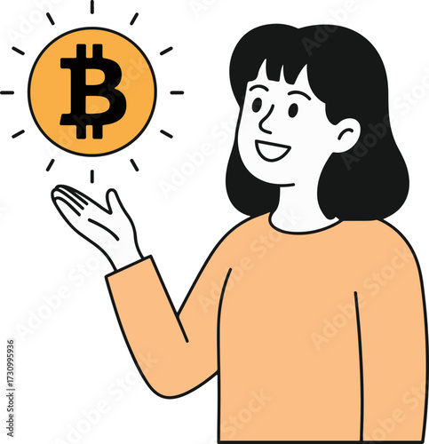 Vector art of a woman is holding a bitcoin in her hand the woman is smiling and looking at the bitcoin the bitcoin is glowing and shining the woman is wearing a yellow shirt
