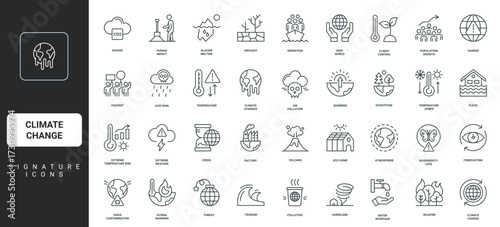 Threat of natural disasters, biodiversity loss thin black and red outline symbol vector illustration Climate change, human impact on environment, atmosphere and wildlife, global warming line icon set.
