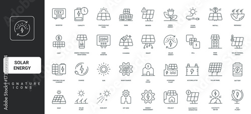 Inverter and smart meter, portable charger thin black and red outline symbols vector illustration Solar energy, photovoltaic panel project, installation on rooftop and repair, cleaning line icon set.