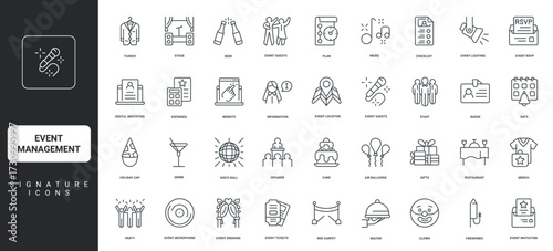 Comprehensive event management promoting and organizing, planning, for elements celebration and party, microphone, tuxedo, tickets, website, featuring set icon events vector illustration