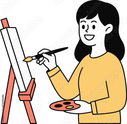 Vector art of a cheerful woman is painting on a canvas, holding a brush and palette with colors, standing in front of an easel, smiling and enjoying her creative hobby