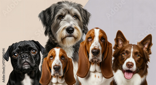 Harmonious dog group portrait (Canis lupus familiaris) showcasing interbreed beauty and unique personalities on pastel backgrounds