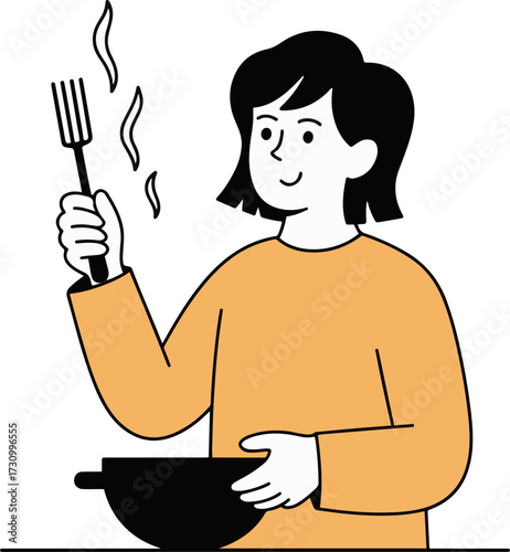Vector art of a young woman is cooking, she is wearing a yellow sweater and has black hair she is smiling and looking at the food she is holding a fork in her hand and a pot in the other