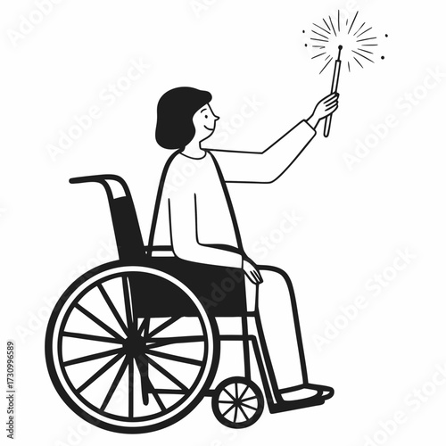 Young woman in wheelchair holding sparkler and smiling cheerfully  