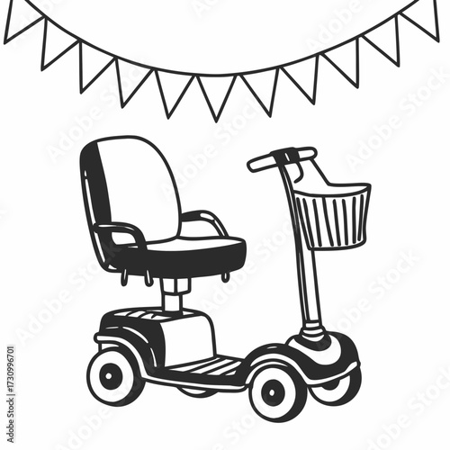 Scooter with seat and basket in simple line drawing style  