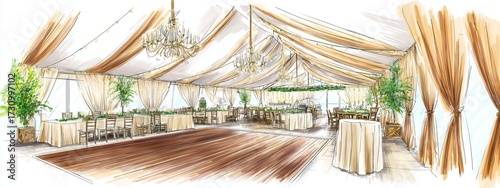 Une élégante tente de mariage avec des draps blancs et dorés, de grands lustres suspendus au plafond, une piste de danse en bois et des tables rondes installées pour les invités.