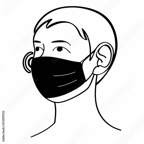 Line drawing of a person wearing a black face mask from the side  