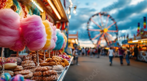 Une fête foraine avec des barbes à papa colorées et des gâteaux délicieux au premier plan et un arrière-plan flou avec des personnes marchant dans l'allée, des manèges et une grande roue.