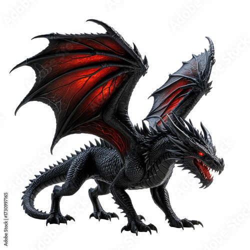 Dark dragon poised to strike, showing red glowing wings and eyes