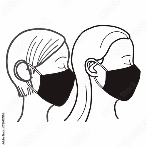 Two people wearing black face masks in side profile illustration  